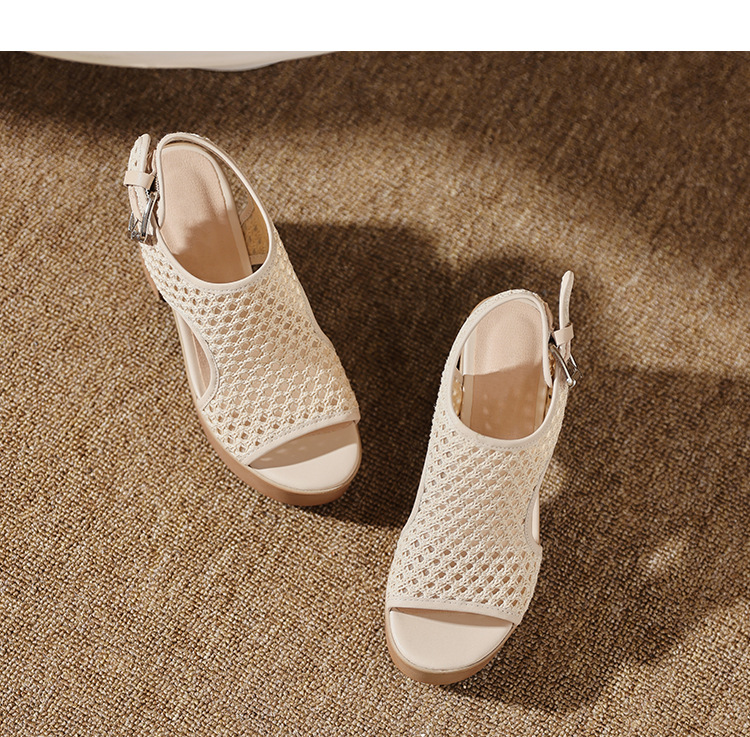 Sandal cao gót nữ mũi hở lưới xuyên thấu, đế xuồng dày, gót thô, phong cách La Mã — màu trắng ngà, màu mơ chi tiết 13
