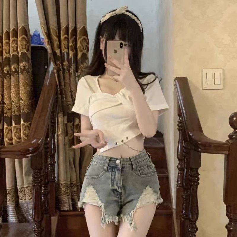 辣妹时尚不规则小众设计感短袖T恤新款修身显瘦别致法式上衣ins女