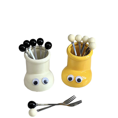 Cute fruit fork set, creative design, ceramic fruit fork jar, stainless steel fruit fork, high-looking small fork