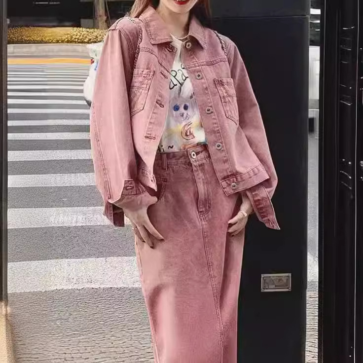 American Retro Rose Pink Washed Denim Short Coat Lapel Women's Overskirt suit Two-piece Casual Autumn New