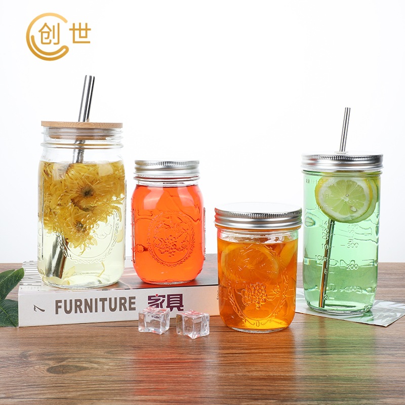 密封梅森杯罐子带盖子大容量隔夜酸奶燕麦杯密封瓶透明宽口冷萃瓶