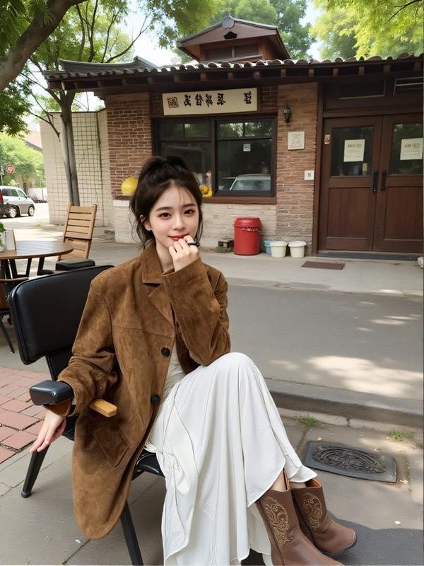 美拉德复古麂皮绒西装外套女春秋季2025新款感小个子棕色皮衣|undefined