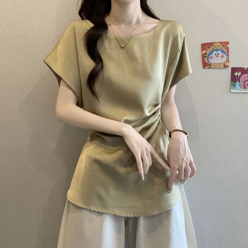 大码醋酸缎面小飞袖正肩短袖衬衫女夏季新款胖mm宽松显瘦遮肉上衣|undefined