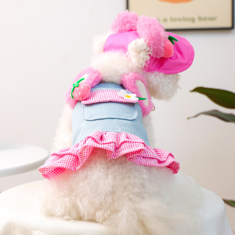 宠物衣服秋冬款小型犬幼犬快乐狗猫保暖舒适服饰草莓花花牛仔裙|undefined