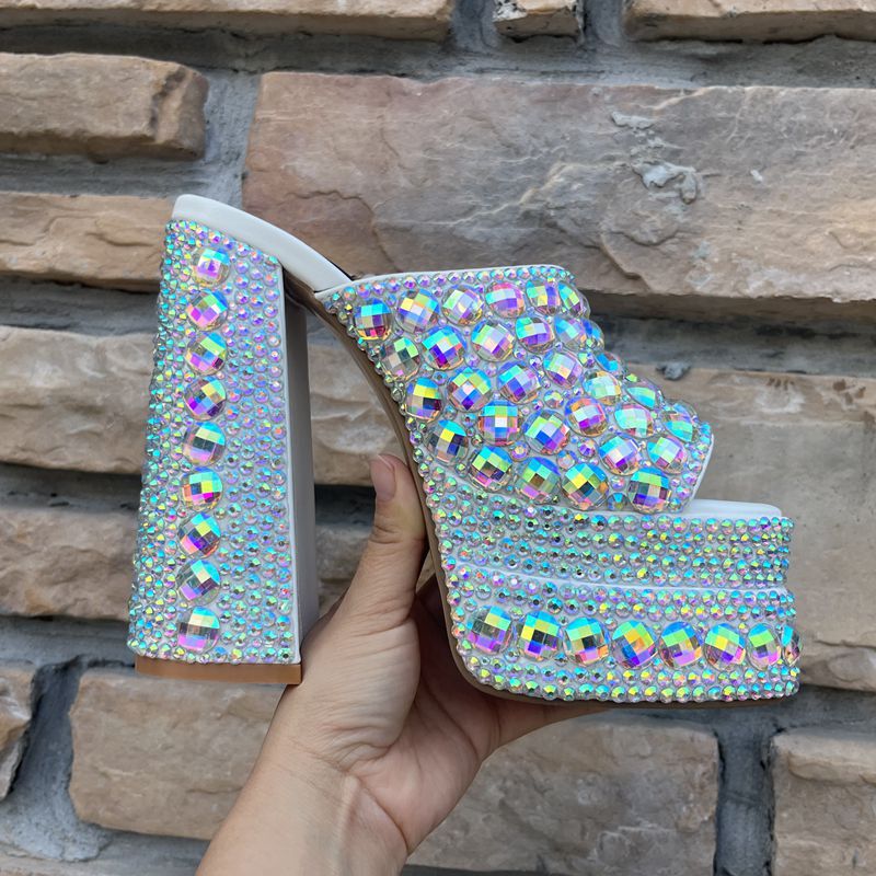 Thick-heeled fashion wedding sandals nightclub princess shoes foreign trade women's high-heeled rhinestone peeple shoes super-heeled sandals