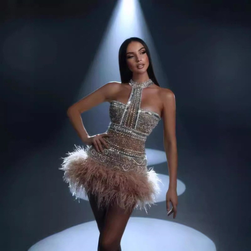 Cross-border Europe and the United States New High Neck Hanging Neck Ram Nail Drill Pearl Feather apricot Heavy Industry Sexy Party Host Dress Cross-border Europe and the United States New High Neck Hanging Neck Ram Nail Drill Pearl Feather apricot Heavy Industry Sexy Party Host Dress