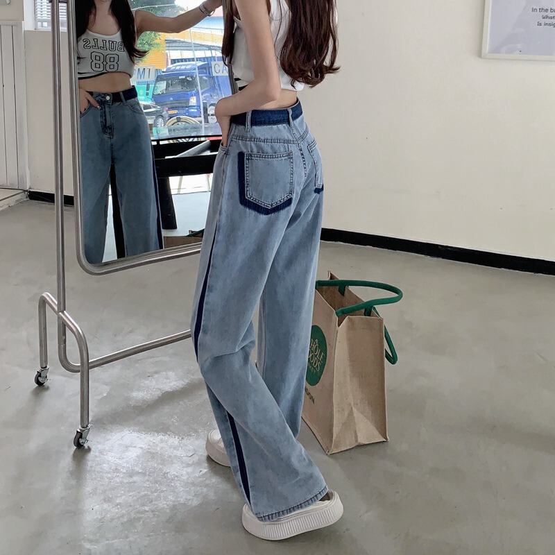 Contrast color micro wide leg jeans for women 2023 spring new narrow high waist color matching draping loose straight simple mopping pants Contrast color micro wide leg jeans for women 2023 spring new narrow high waist color matching draping loose straight simple mopping pants