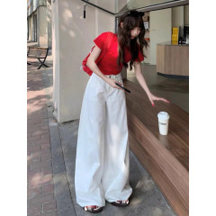 大码复古辣妹垂感阔腿白色牛仔裤女2025夏季新款高腰显瘦拖地长裤