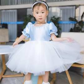 高端蓝色女宝宝礼服钢琴演奏女童生日花童蓬蓬裙洛丽塔公主裙