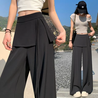 现货假俩件阔腿裤女2026夏新款西装裤百搭冰丝休闲裤叠穿拖地裤子