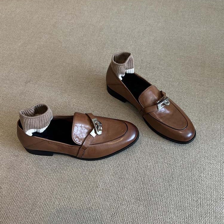 牛皮高端版~真皮百搭复古马衔扣乐福鞋平底单鞋懒人一脚蹬小皮鞋