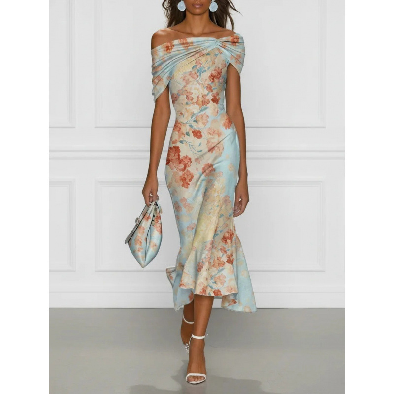 2026 European and American Women's Fashion Digital Print Off-Shoulder Short-Sleeve Floral Elegant Long Dress 2026 European and American Women's Fashion Digital Print Off-Shoulder Short-Sleeve Floral Elegant Long Dress
