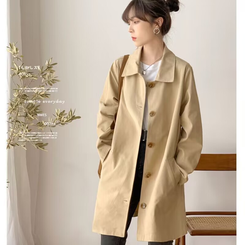 Women's Mid-Length Trench Coat, Simple Early Spring and Autumn Top, Korean Style Loose Student Solid Color Versatile Jacket, Trendy Ins Style