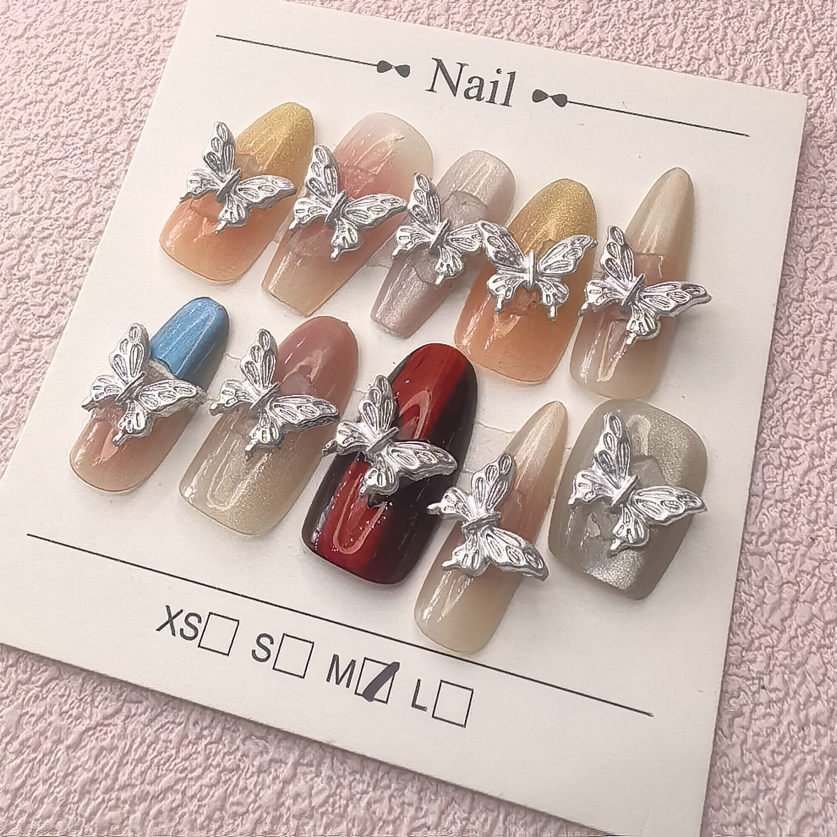 大量现货银色蝴蝶美甲饰品轻奢立体蝴蝶结金属大蝴蝶翅膀指甲钻饰