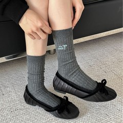 襪子女韓風格雷色系純色雙針刺繡AB款春夏刺繡蝴蝶結百搭堆堆襪子