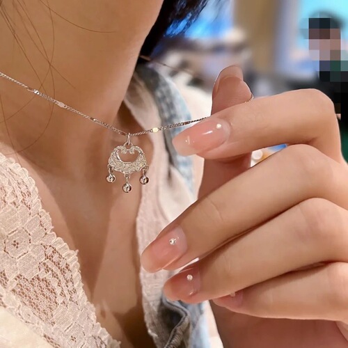 Titanium Steel Ethnic Style Peace Lock Bell Necklace Women's Rhinestone-Inlaid Fashion Clavicle Chain Court-Style Versatile Jewelry Wholesale