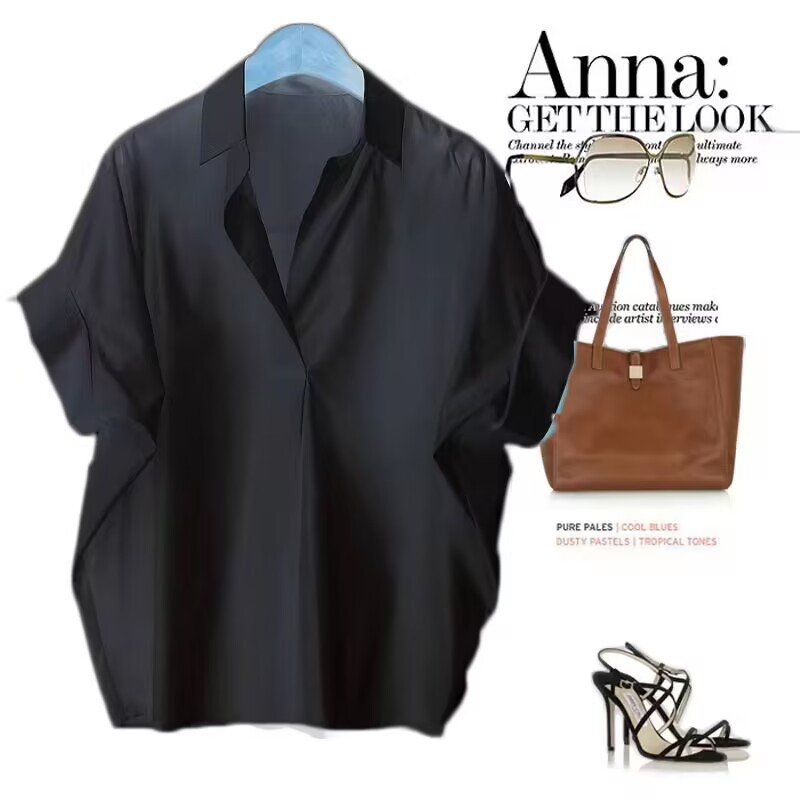 复古港味短袖衬衫女夏季新款洋气百搭白色衬衣宽松蝙蝠袖领上衣潮