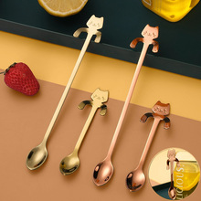 可爱创意304不锈钢勺子高颜值猫咪甜品挂杯勺家用长柄搅拌咖啡勺