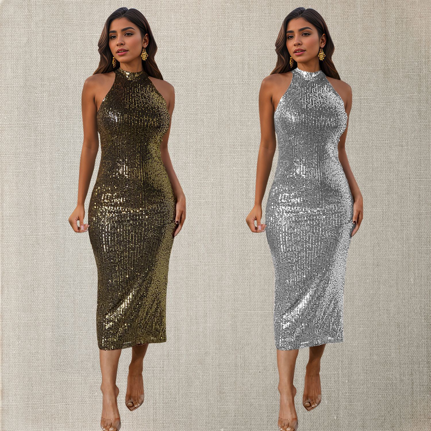 C7195 cross-border AliExpress Amazon Europa y América moda de mujer cuello colgante esquinilla ajustada sexy vestido delgado image 1