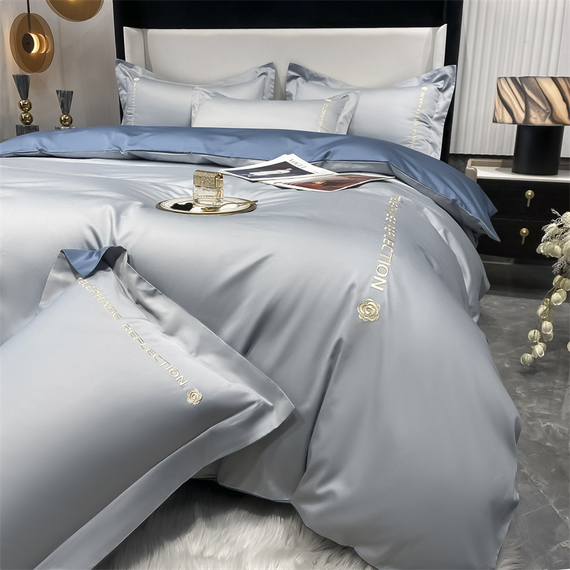 Juego de cuatro piezas de cama de alta calidad de lujo ligero, bordado de algodón puro, ropa de cama para niños, funda de edredón, combinación de tres piezas