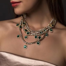 欧美饰品水钻嘻哈项链多层大绿钻高级感颈链吊坠复古夸张necklace