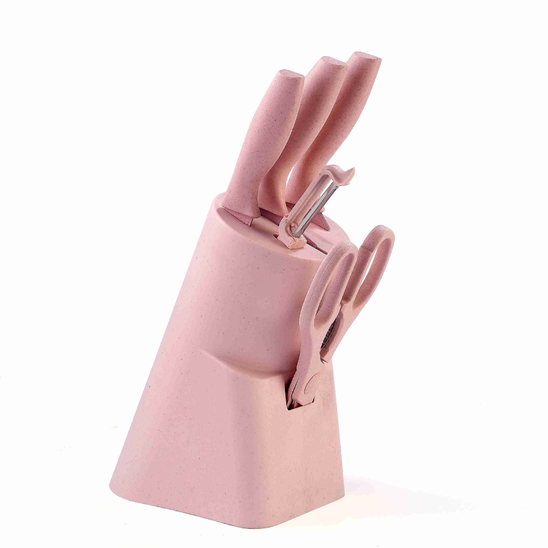 Fabricante de paja de trigo de color con cuchillo base 6 piezas de cuchillo de acero inoxidable cuchillo de cocina doméstico conjunto de regalo