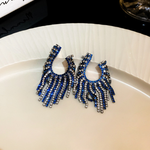 Silver needle inlaid with diamond letters, geometric long tassel earrings, European and American exaggerated design earrings, personalized earrings for women wholesale