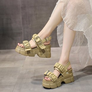 Internet Celebrity Wedge Sandals Women's Summer Outwear 2021 New Style Thick-soled Super High-heeled Pleated Fashionable Roman Beach Sandals