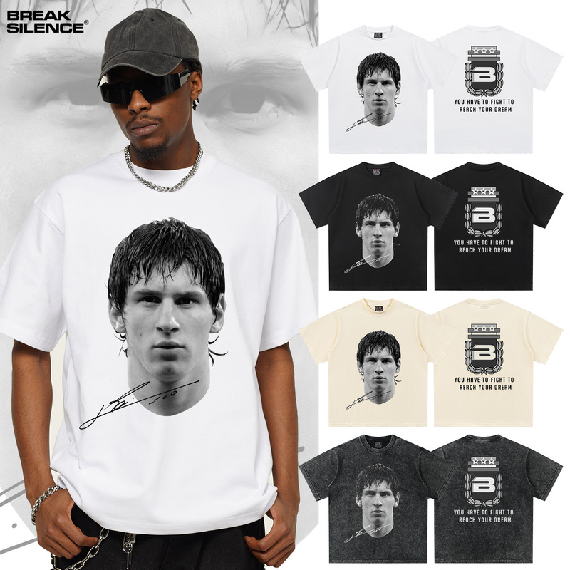 Cross-border 2025 new Messi football 300 grams heavy small neckline direct spray short sleeve T-shirt men's and women's cotton
