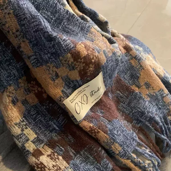 Autumn and Winter Atmosphere Woven Plaid Tassel Warm Scarf for Men and Women Couple Extra-large Thickened Long Neck Shawl Warm