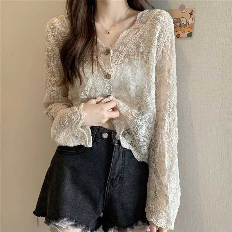 Spring and Summer New Korean Style Design Sense Crochet Hollow Lace Shirt High-end Sense Foreign-style V-neck Long-sleeved Sunscreen Top for Women