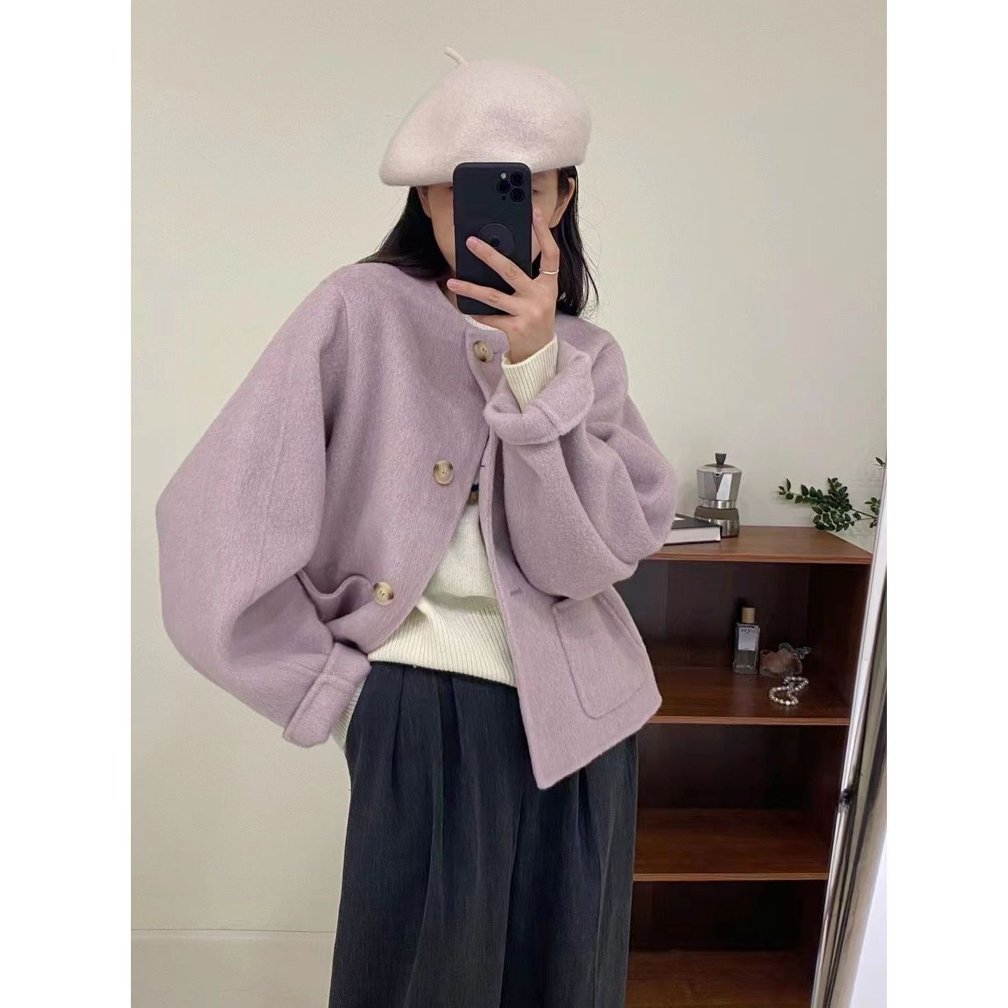 2025 Autumn and Winter New Pink and Purple Student Style Short Loose Round Neck Woolen Coat for Women Trendy