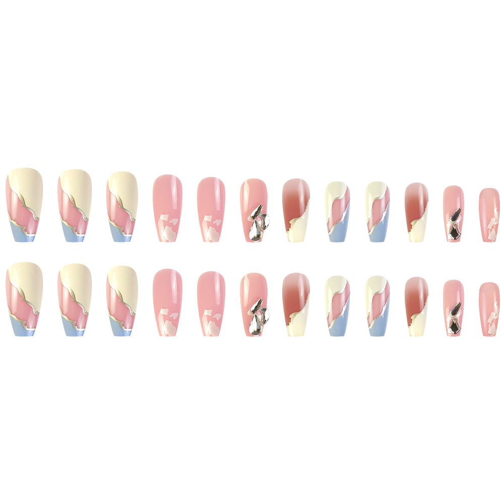 Nueva pieza de uñas de diamantes con sentido de alta calidad, costura de color en contraste, uñas de vestir dulces, uñas postizas desmontables terminadas