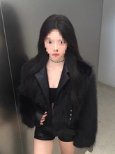 狐狸毛皮草外套女冬短款时尚拼接黑色西装领保暖毛毛上衣