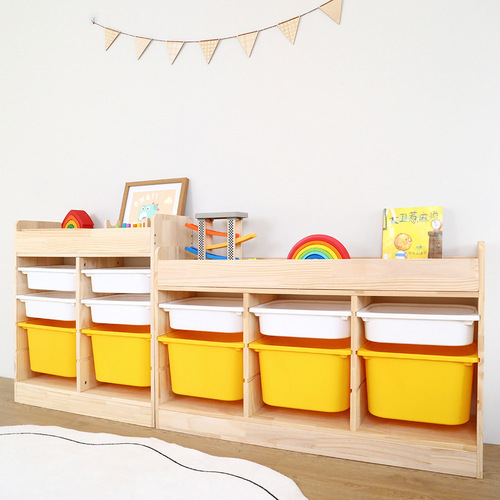Solid Wood Children's Room Toy Storage Cabinet, 2-in-1 Combination Storage Rack Bookshelf, Large Capacity Living Room Balcony Shelf