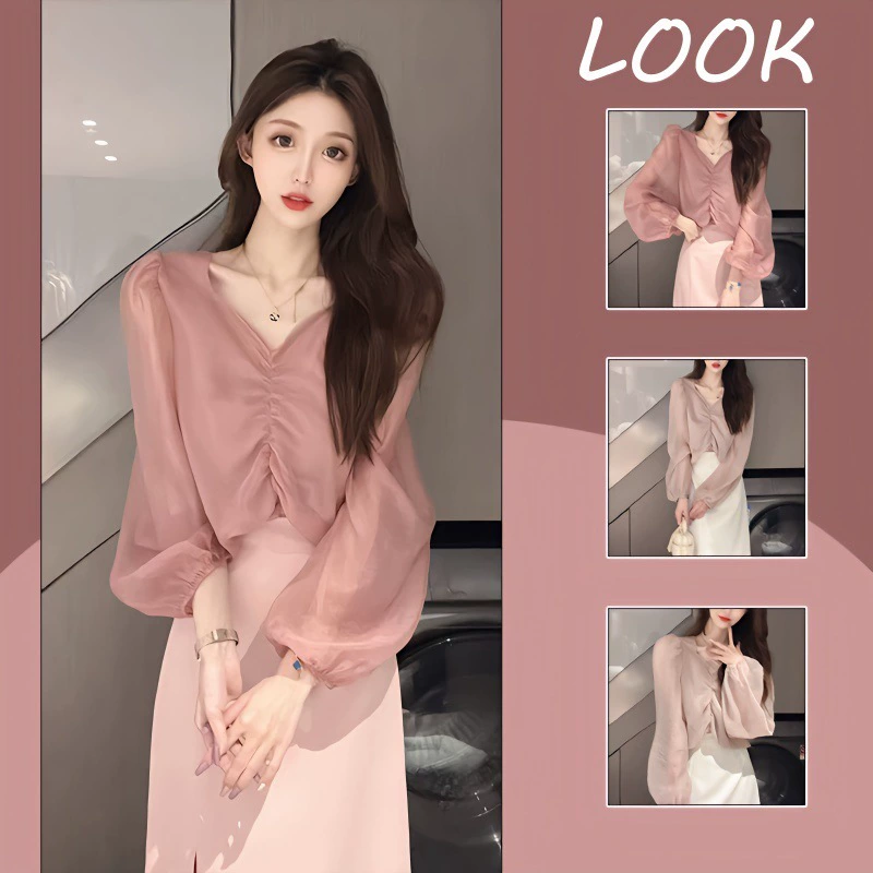 Нежная женская рубашка с рукавами-фонариками во французском стиле, тонкий весенний новый дизайн с нишей и элегантным топом с V-образным вырезом.
