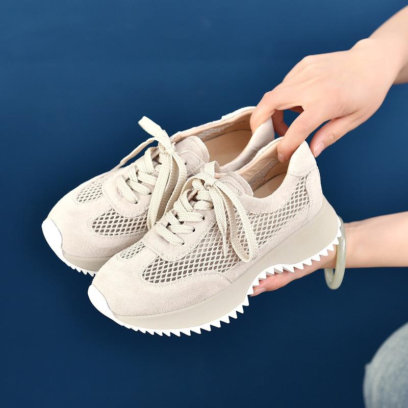 2025 Spring New Genuine Leather Forrest Gump Shoes Women's Thick-Soled Anti-Slip Women's Shoes Plaid Casual Sports Dad Shoes