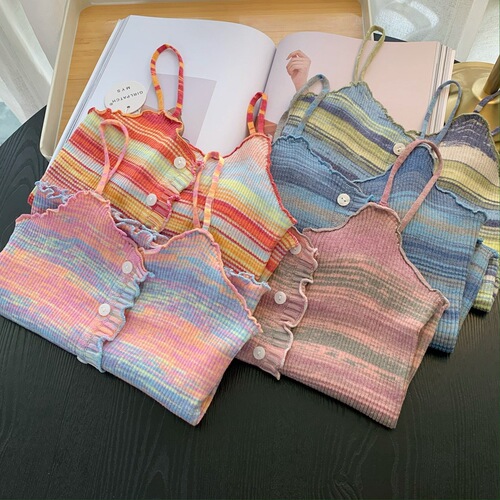 2024 Women's Small Strappy Tank Top Summer Outerwear Sweet and Spicy Knitted Colorful Striped Hot Girl Outfit Sweet and Cool Top