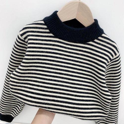 Sweater for boys, hooded, with extra padding, suitable for autumn and winter, for older children, stylish boy's children's one-piece plush striped knit base shirt