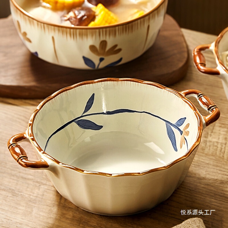 新しい釉下色の双耳スープボウル新しい中国風の家庭用セラミック大型スープボウル 10inch 大型インスタントラーメンボウル Dayue シリーズ|undefined