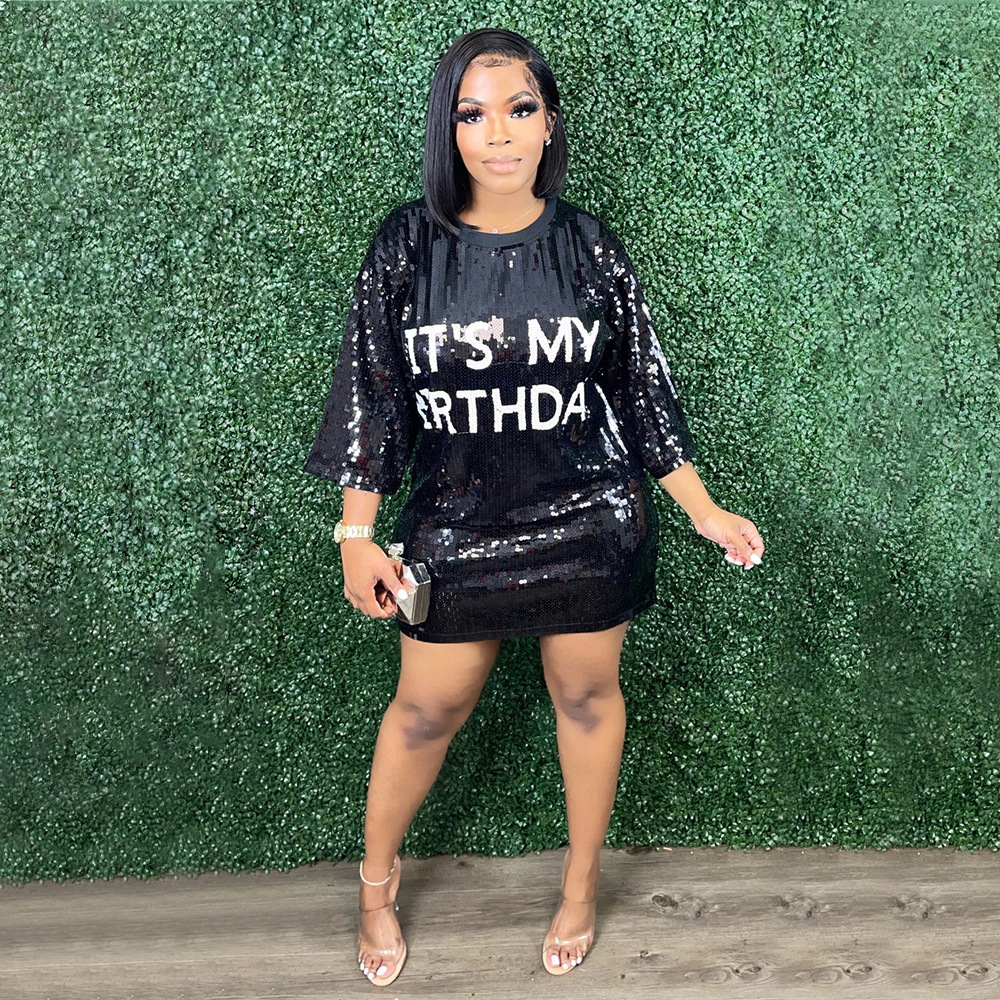 Fashion Letter Heart Shape Round Neck Half Sleeve Sequins Patchwork Polyester Knee-Length A-Line Ski