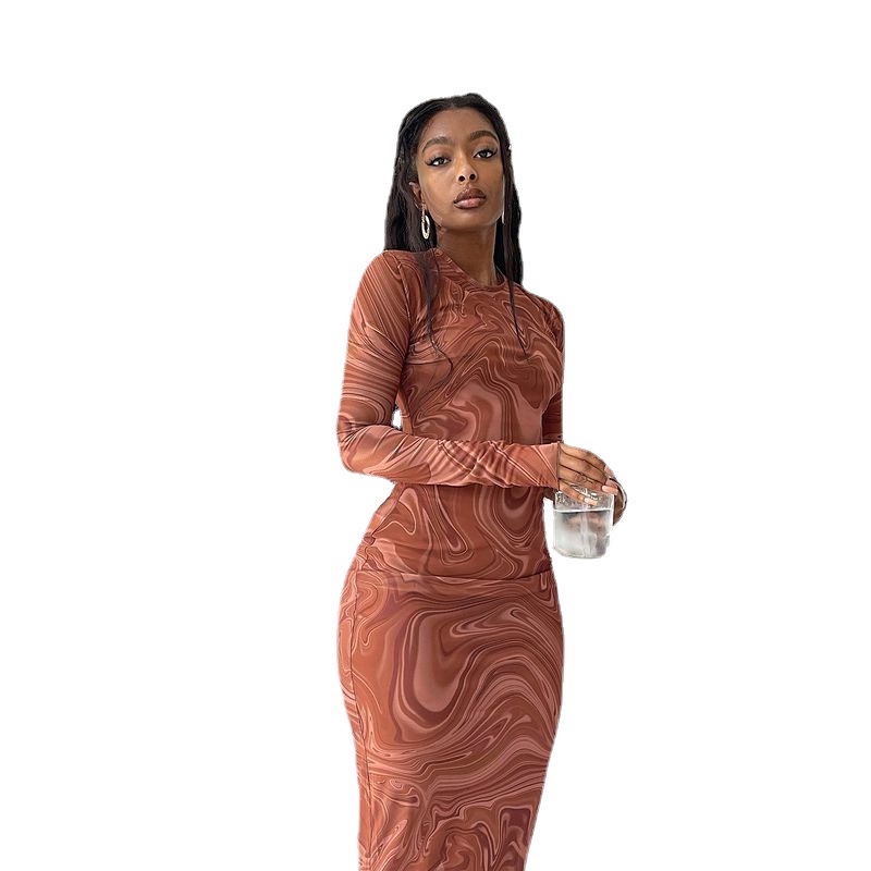 European and American style tight mid-length dress, round neck, long sleeve, printed hip skirt, pullover, foreign trade dress, retro dress_mkmklike.com