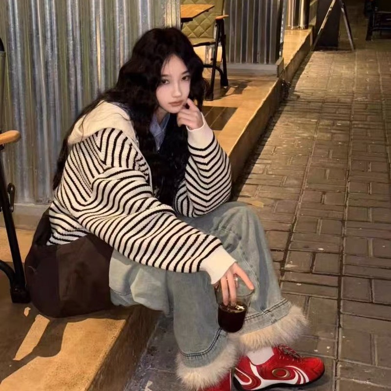 杏色抽绳连帽条纹针织开衫女秋季韩版宽松慵懒凤外穿毛衣上衣外套|undefined