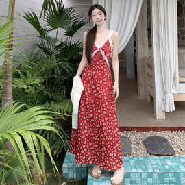 法式红色碎花吊带连衣裙子女夏季复古气质小个子海边度假气质长裙
