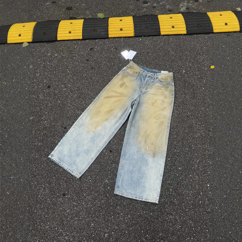 Ac2023 Wasteland Mud-Dyed Casual Wide-Leg Button-Up Jeans Unisex Trendy Loose Fit