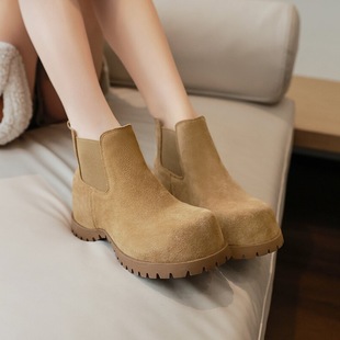 Vintage Height Increasing Chelsea Boots Women's Spring New Arrival Frosted Leather Smoke Tube Thick Heel Ankle Boots Women's Thick Bottom Martin Boots