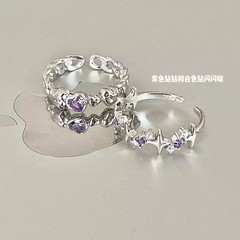 Purple Diamond Heart Ring Niche Instagram Gentle Match Twin Sisters Adjustable Finger Ring Simple