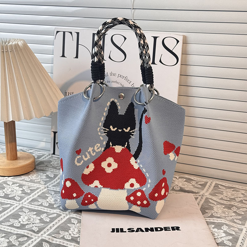 ニットハンドバッグ、ニッチデザインバケットバッグ、トートバッグ、ハンドバッグ、カジュアルで多用途なショルダーバッグ、ニットポータブルバッグ