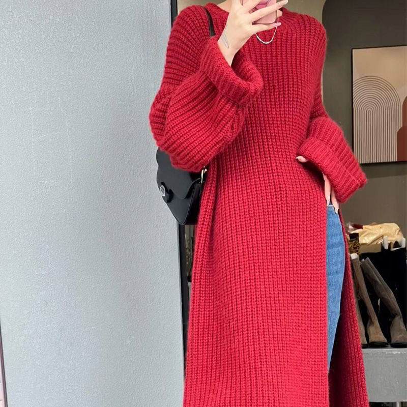 Lazy Style Long Red Split Knitted Sweater dress Women's Autumn and Winter New Korean Style Elegant Loose Sweater Trendy Lazy Style Long Red Split Knitted Sweater dress Women's Autumn and Winter New Korean Style Elegant Loose Sweater Trendy