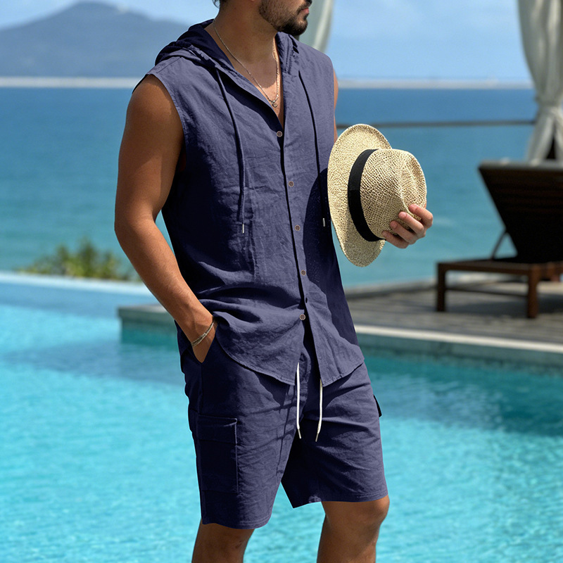 2026 Summer Men's Linen Hooded Sleeveless Shirt Work Shorts = Loose Casual Vacation Beach Set for Men 2026 Summer Men's Linen Hooded Sleeveless Shirt Work Shorts = Loose Casual Vacation Beach Set for Men